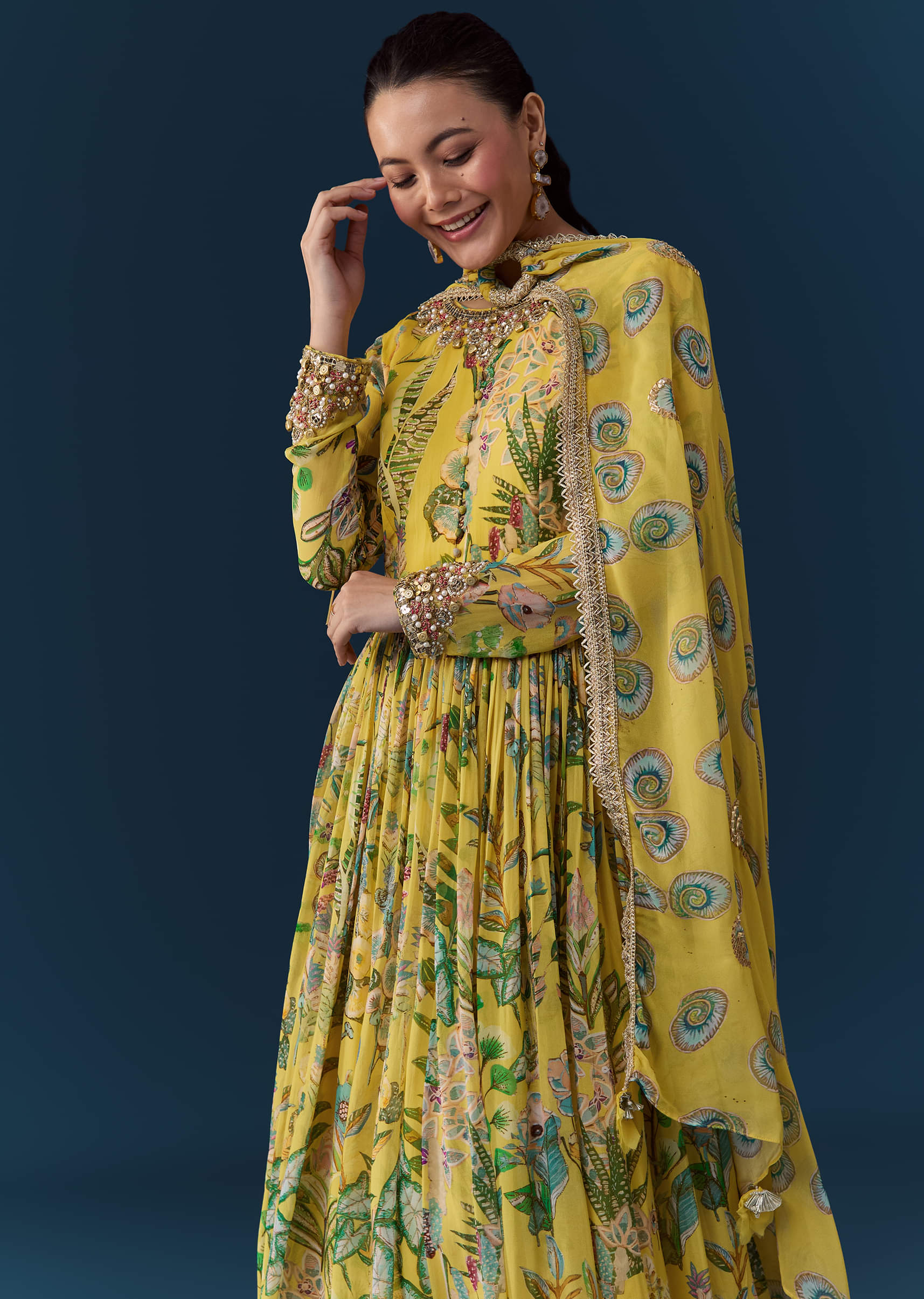 Yellow Tropical Print Georgette Anarkali with Moti Work - Image 4
