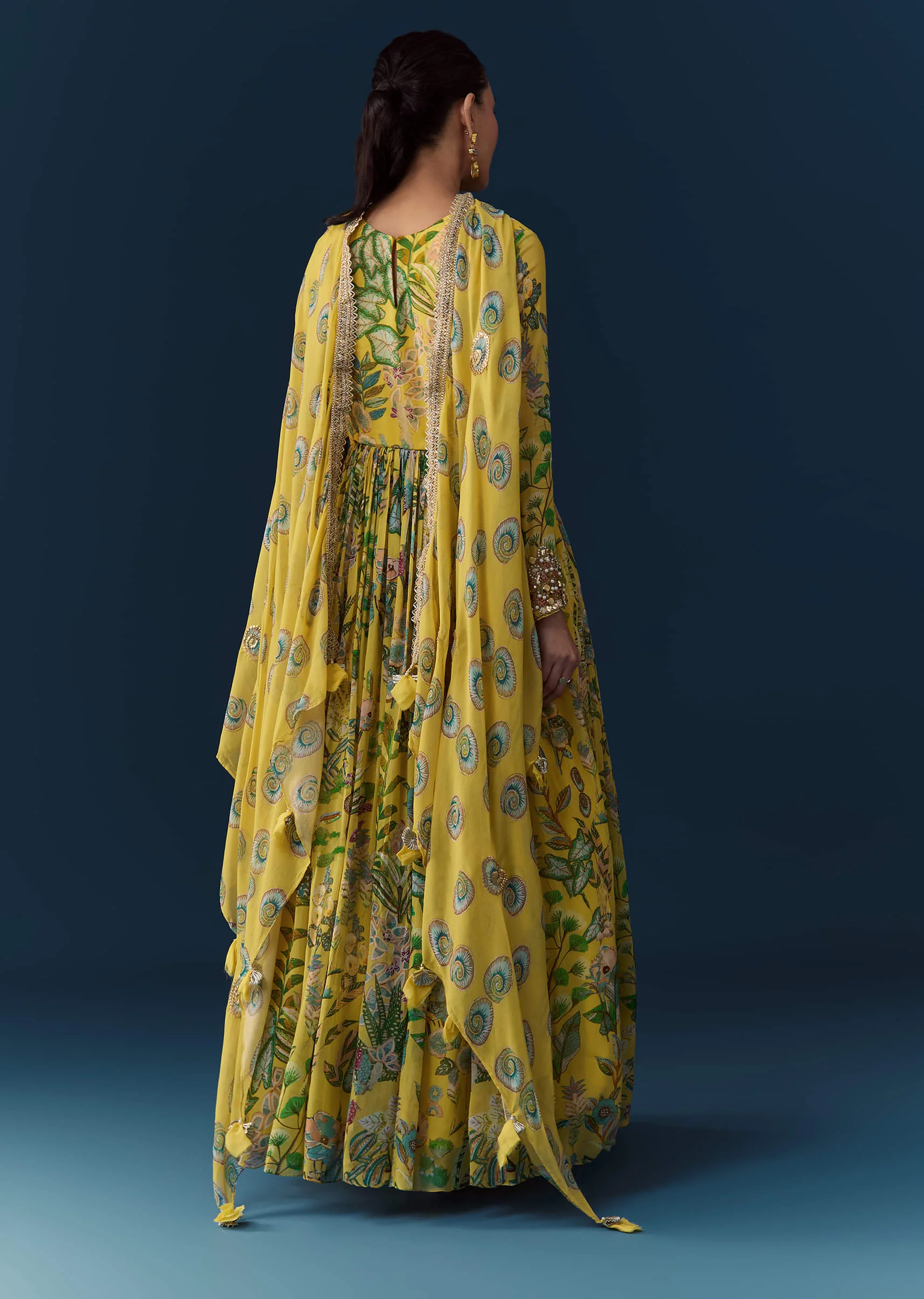 Yellow Tropical Print Georgette Anarkali with Moti Work - Image 5