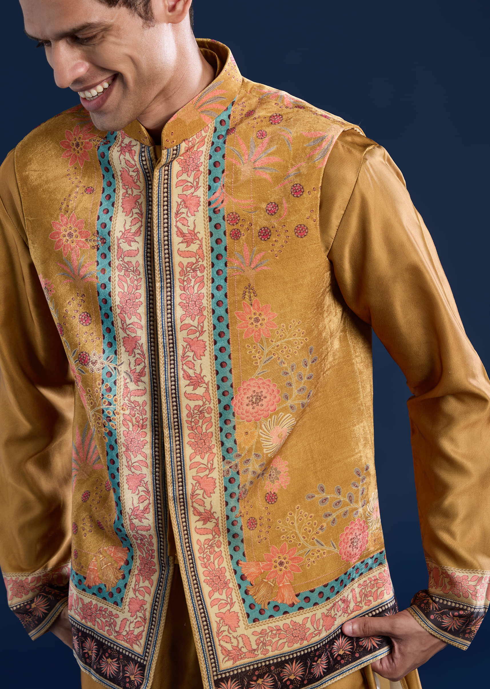 Yellow Velvet Printed Jacket Kurta Set - Image 2