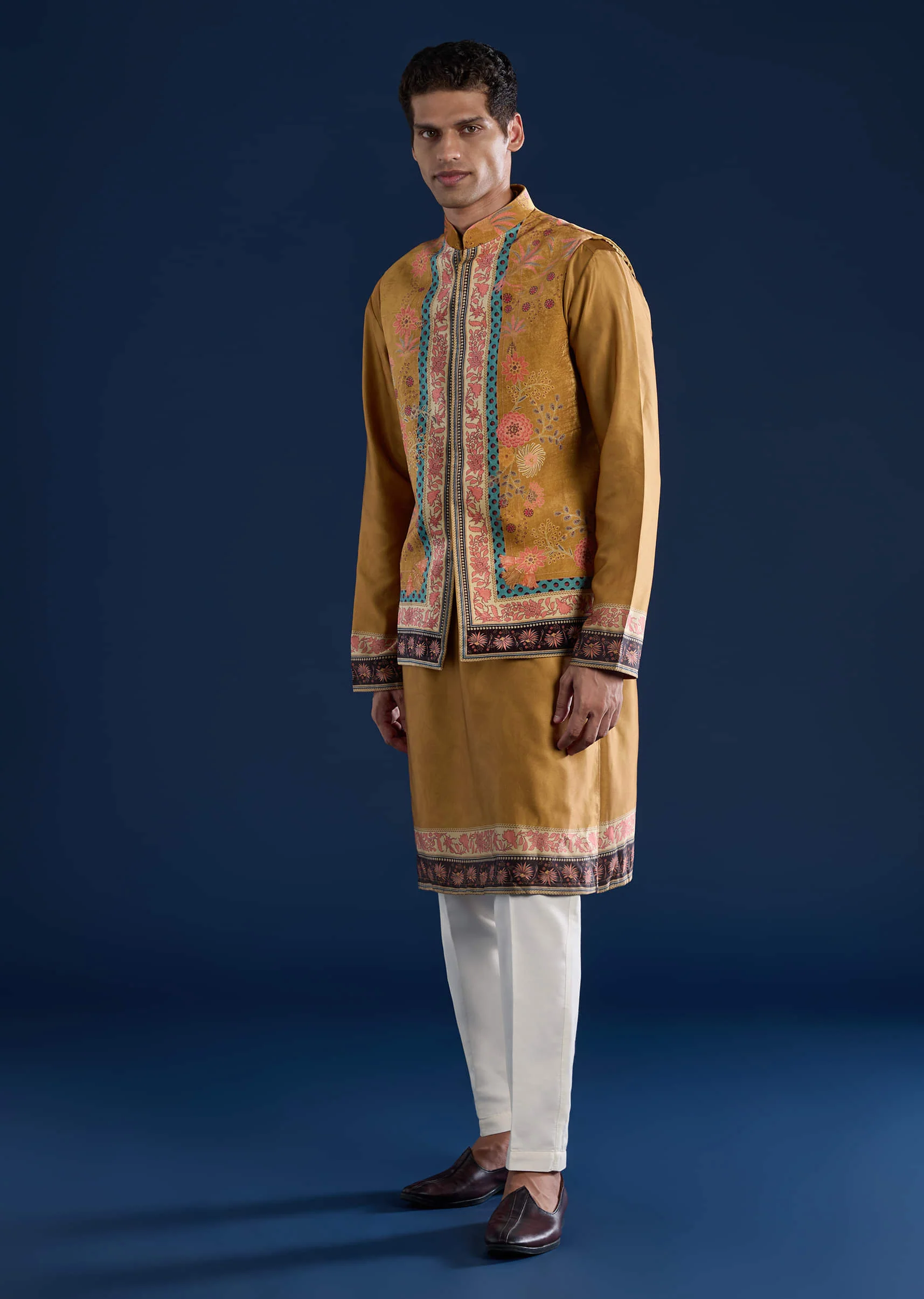 Yellow Velvet Printed Jacket Kurta Set - Image 3