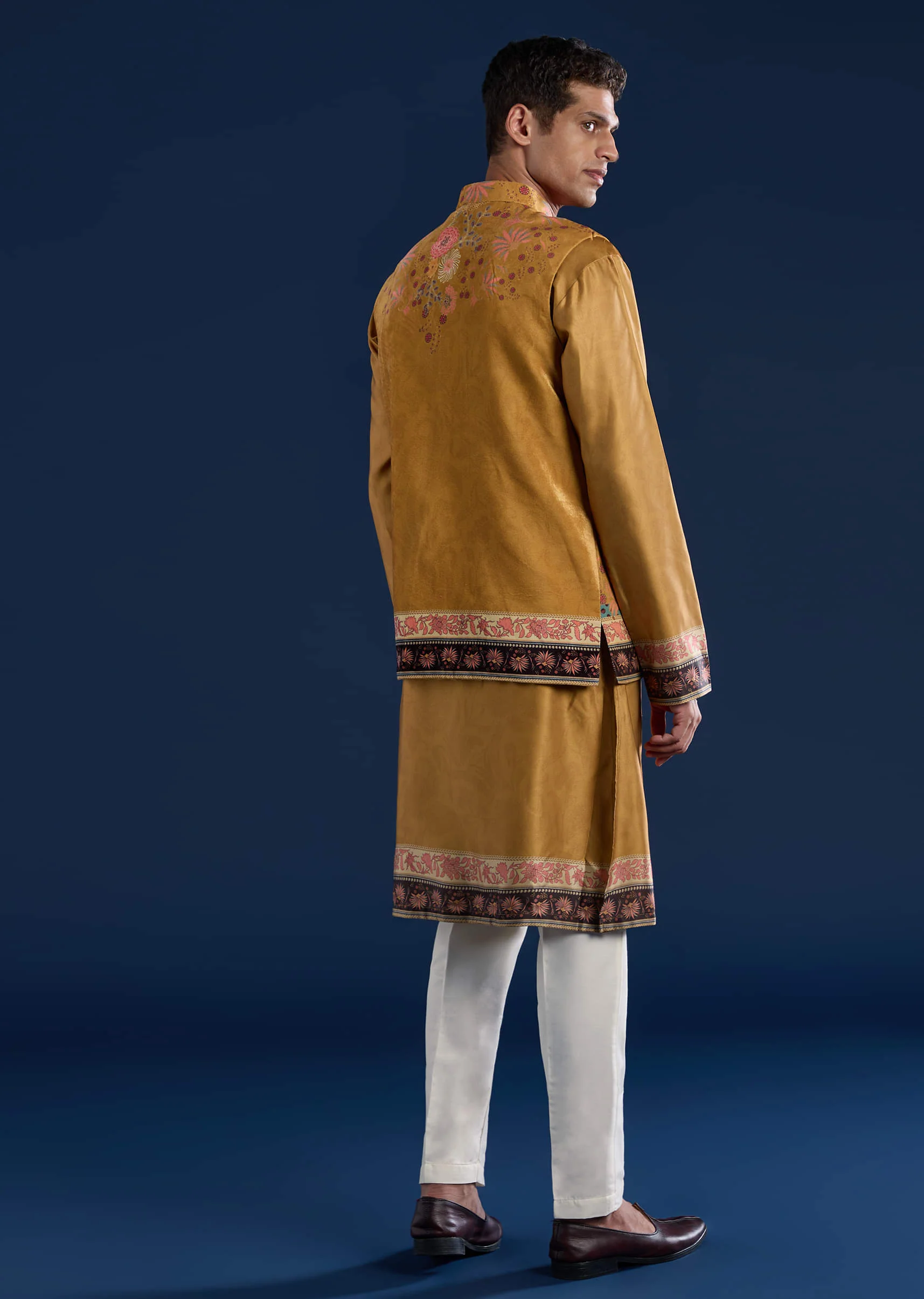 Yellow Velvet Printed Jacket Kurta Set - Image 5