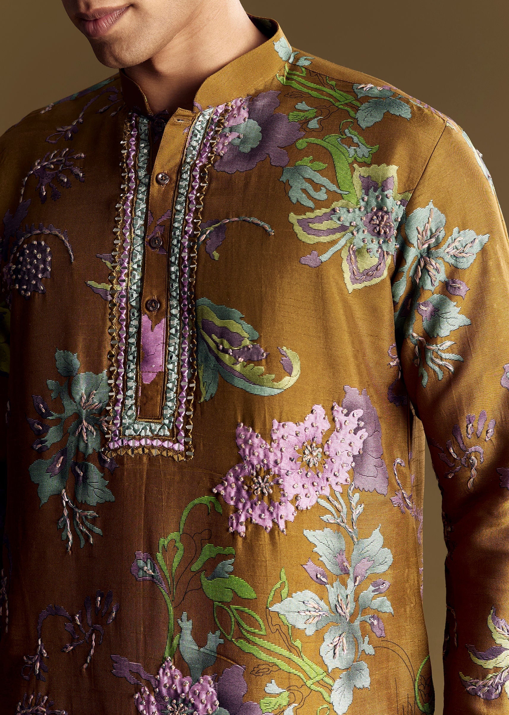 Yellow Viscose Kurta Set With Mirror And French Knot Embroidery - Image 3