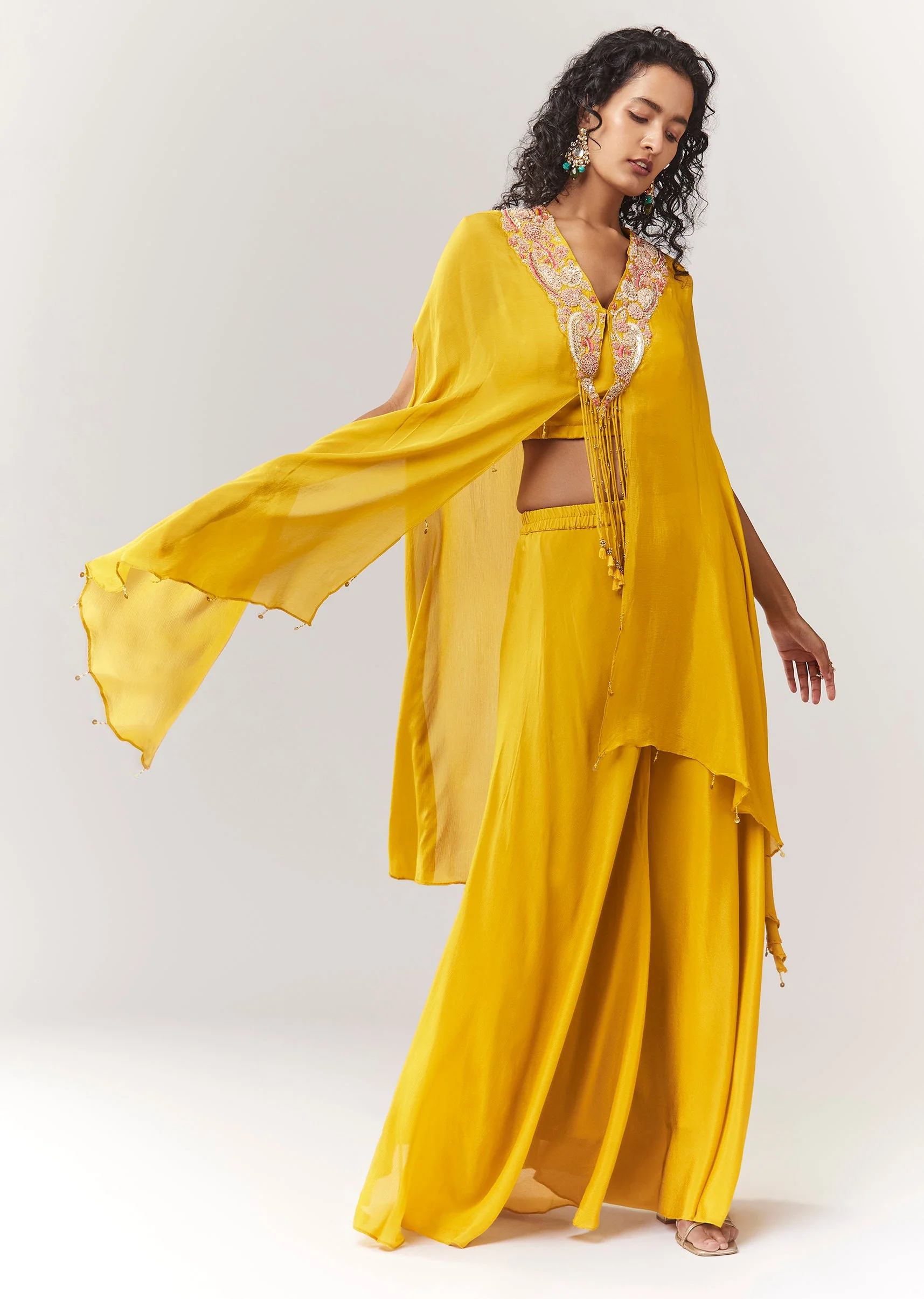 Yellow Zardosi And Moti Cape Set With Palazzo