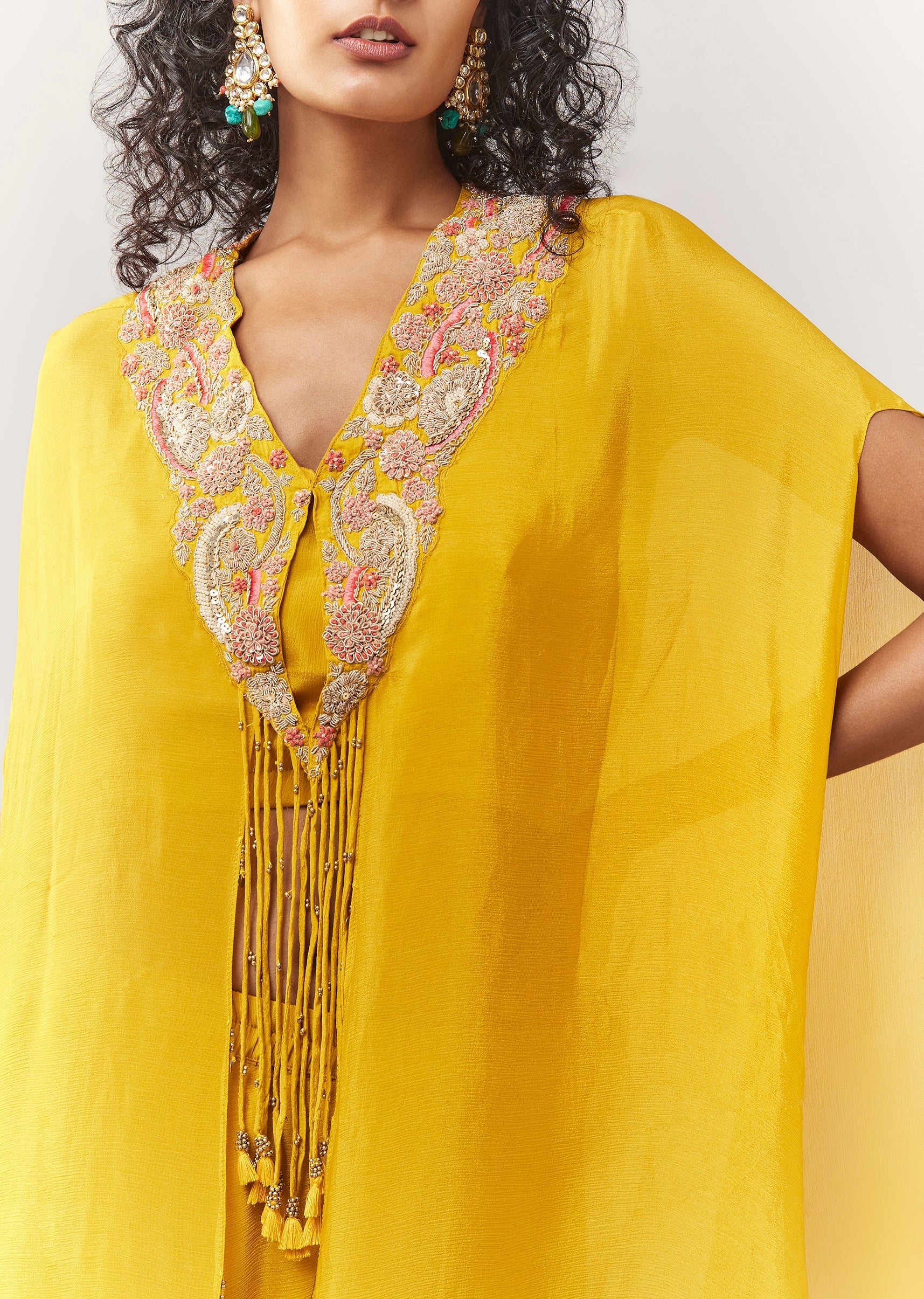 Yellow Zardosi And Moti Cape Set With Palazzo - Image 2