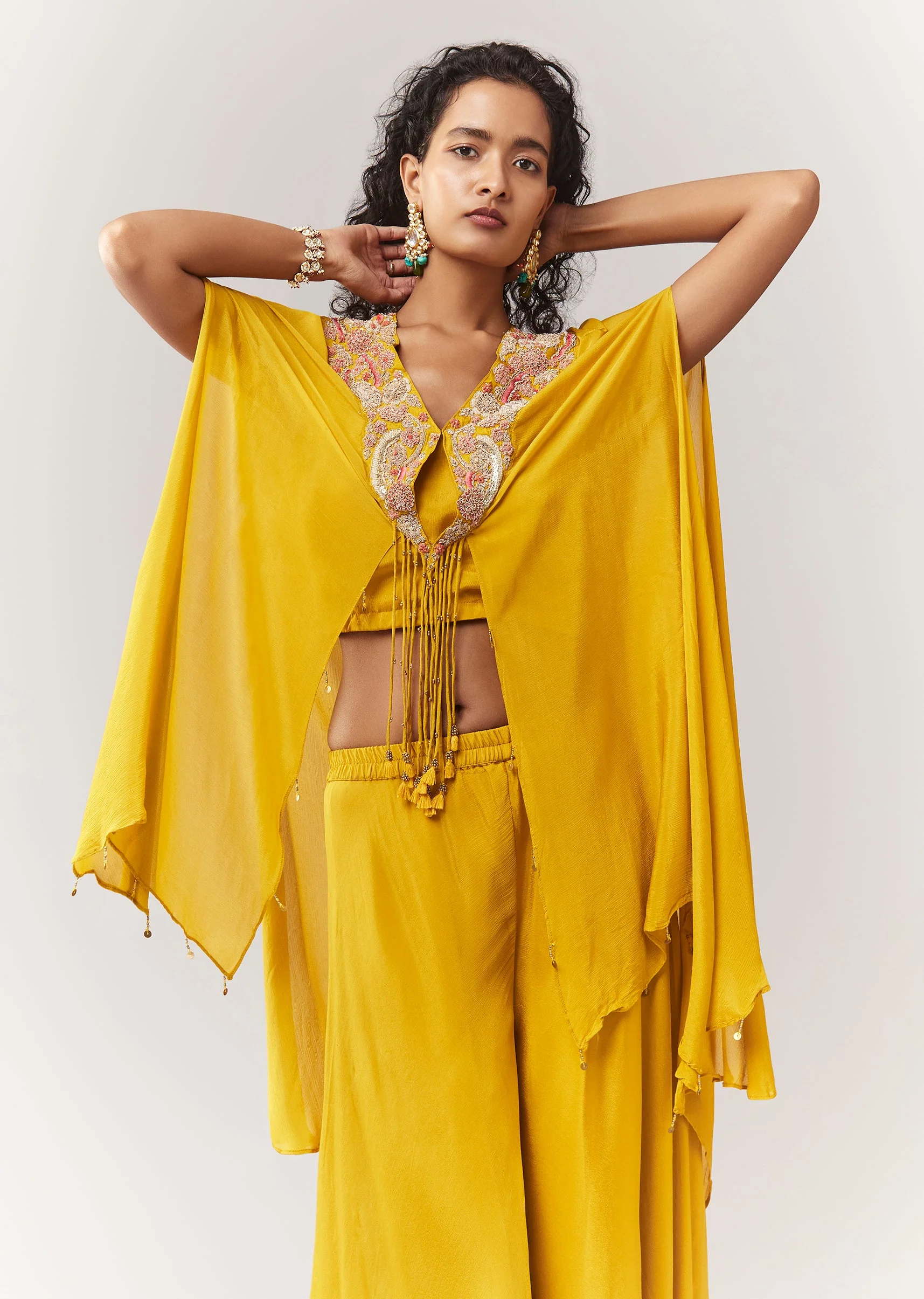 Yellow Zardosi And Moti Cape Set With Palazzo - Image 4
