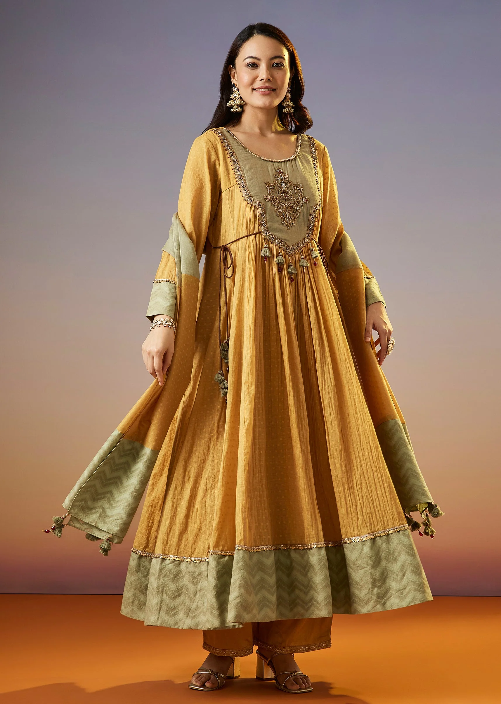 Yellow Zardosi Chanderi Anarkali Set With Dupatta