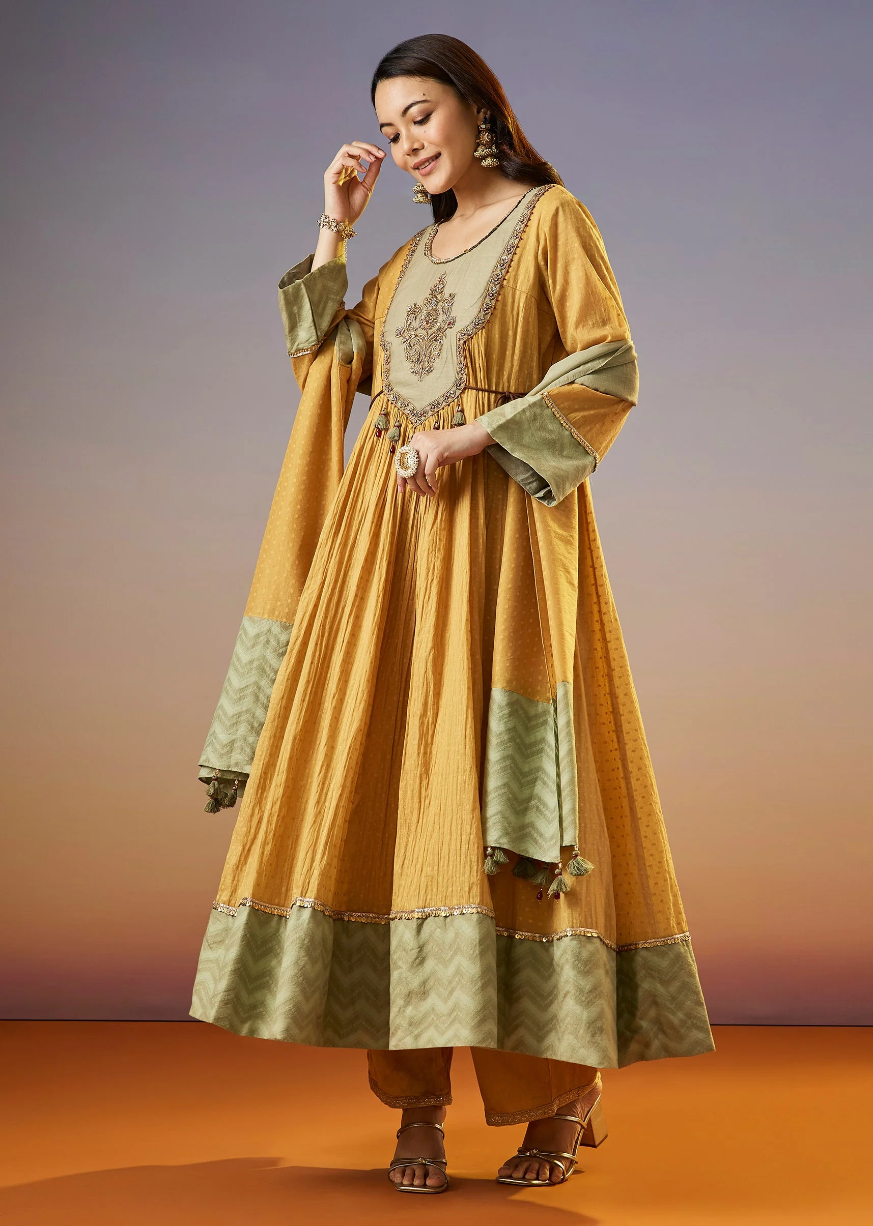 Yellow Zardosi Chanderi Anarkali Set With Dupatta - Image 3