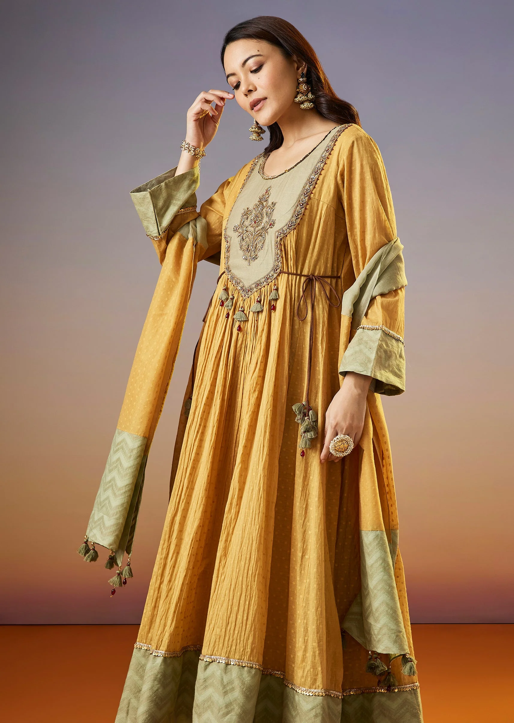 Yellow Zardosi Chanderi Anarkali Set With Dupatta - Image 4