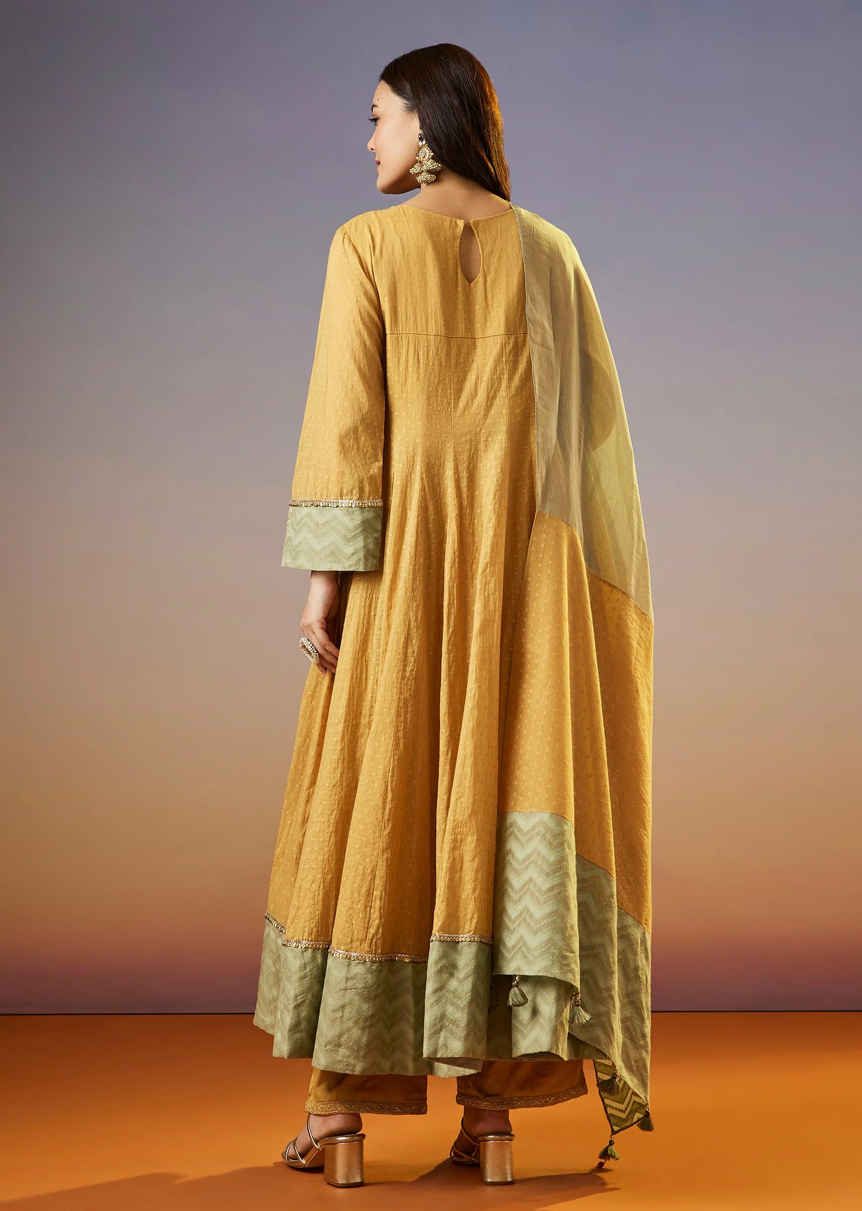 Yellow Zardosi Chanderi Anarkali Set With Dupatta - Image 5