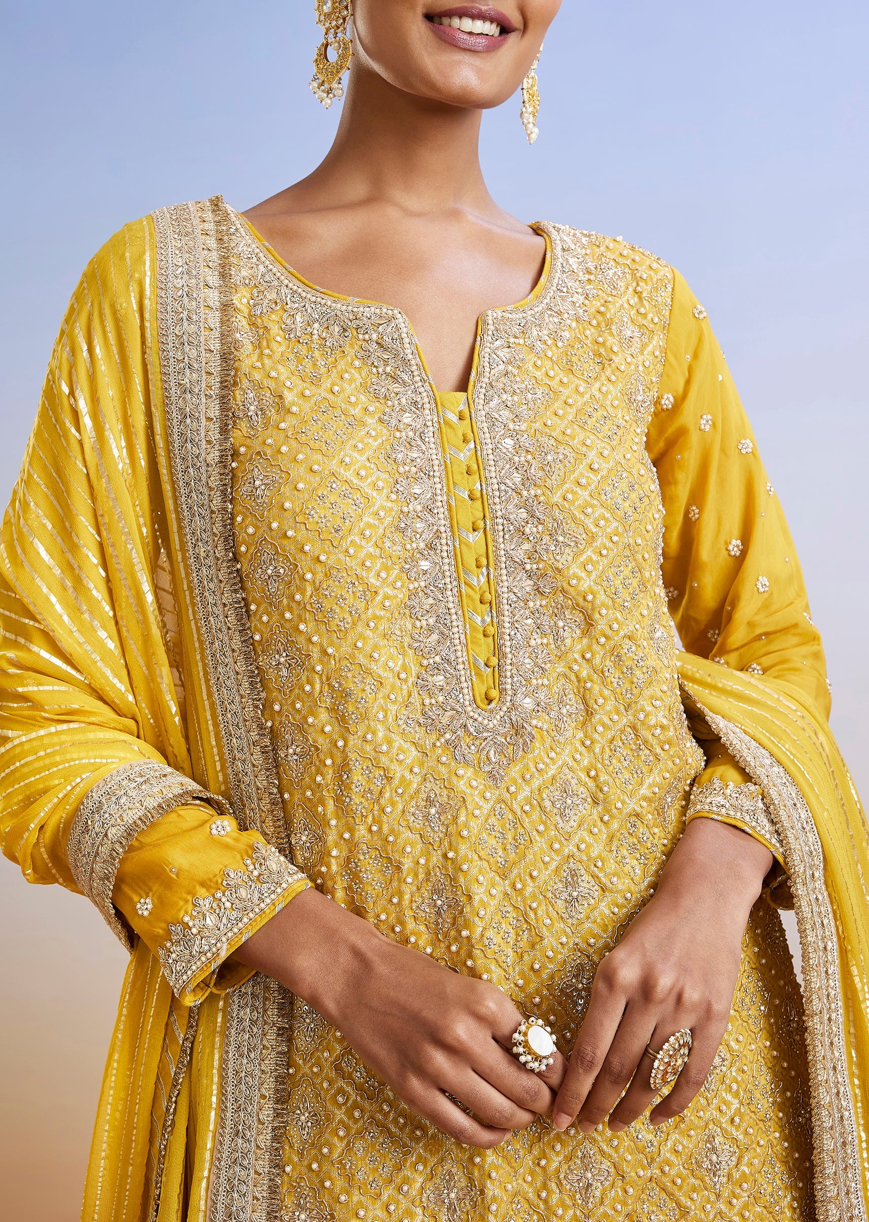 Yellow Zardosi Embroidered Sharara Suit With Dupatta - Image 2
