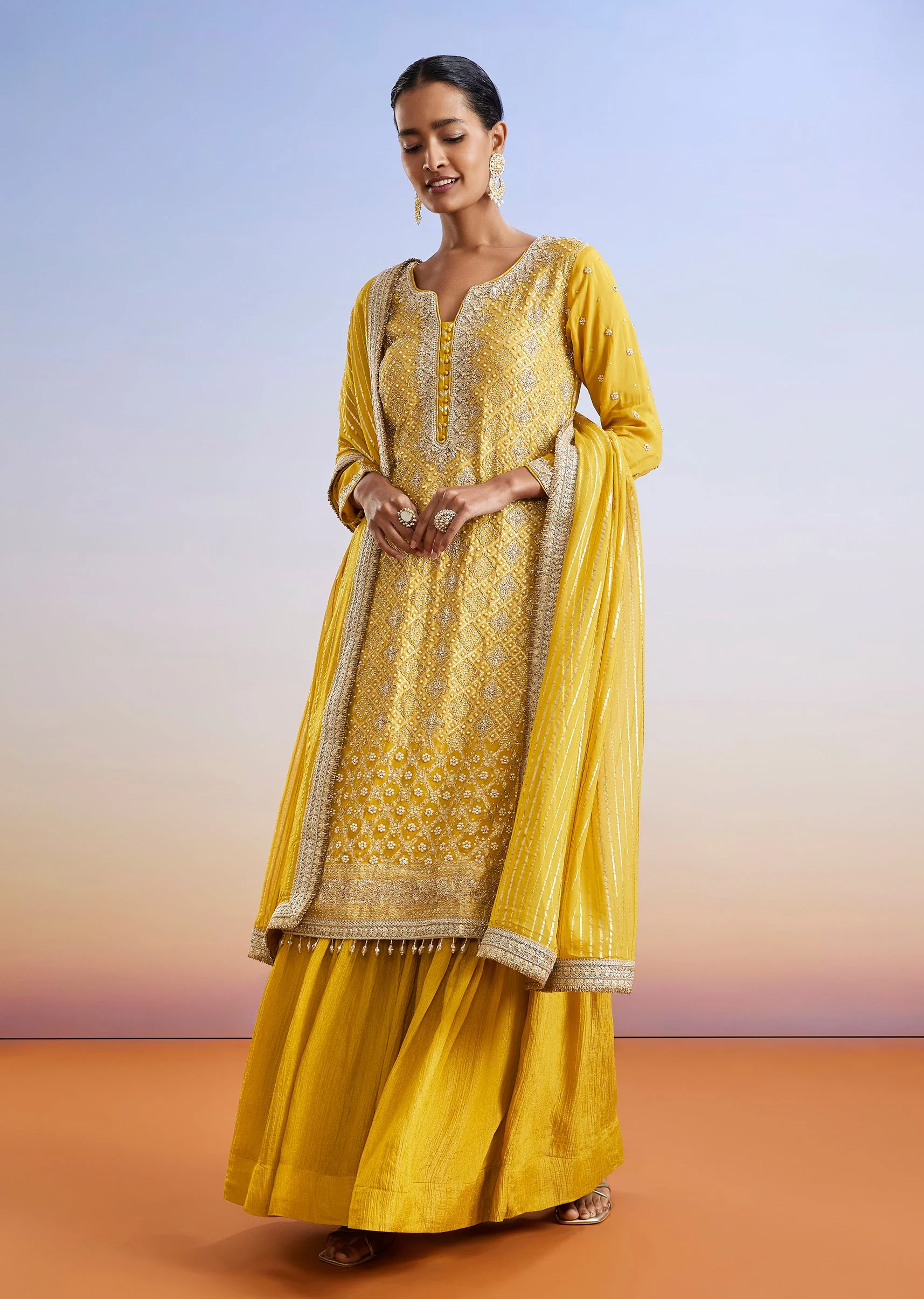 Yellow Zardosi Embroidered Sharara Suit With Dupatta - Image 3