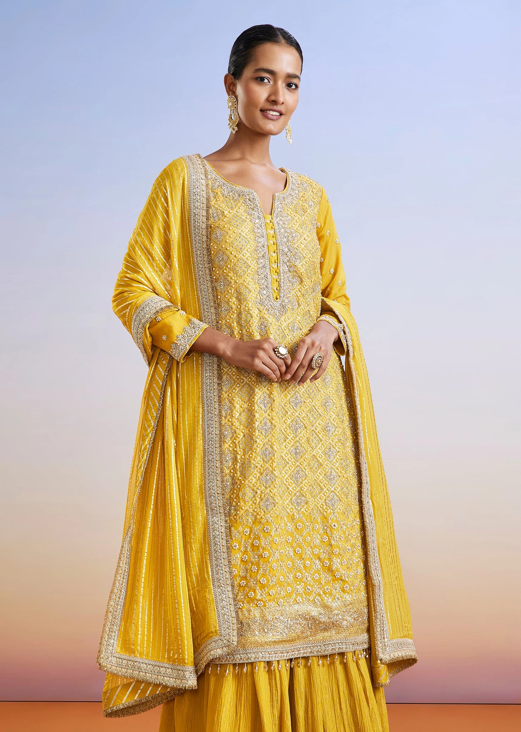 Yellow Zardosi Embroidered Sharara Suit With Dupatta - Image 4