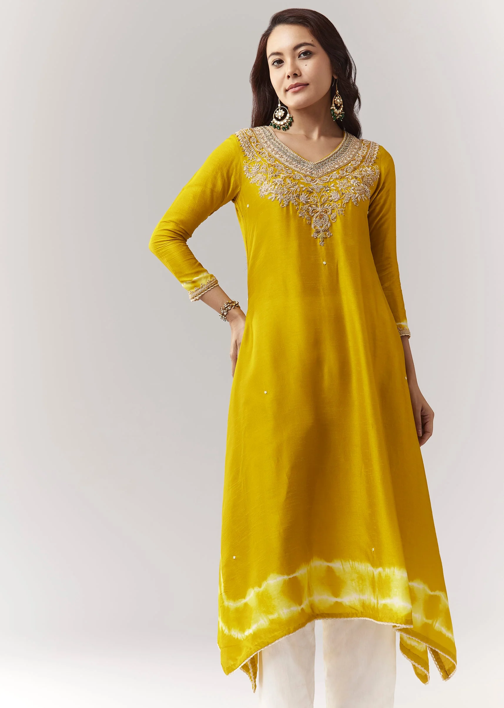 Yellow Zardosi Kurta Straight Pant Coord With Leheriya Border - Image 4