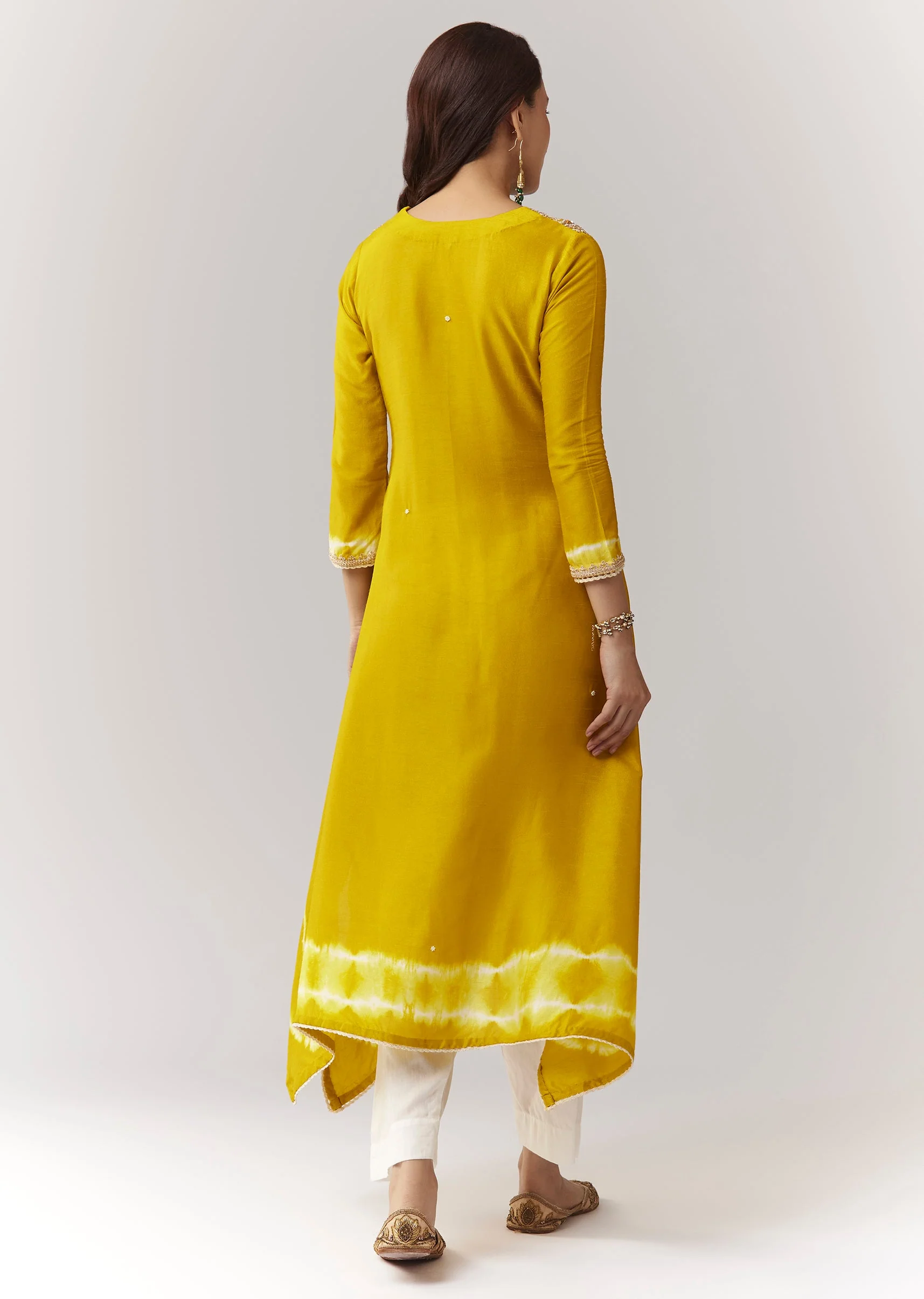 Yellow Zardosi Kurta Straight Pant Coord With Leheriya Border - Image 5