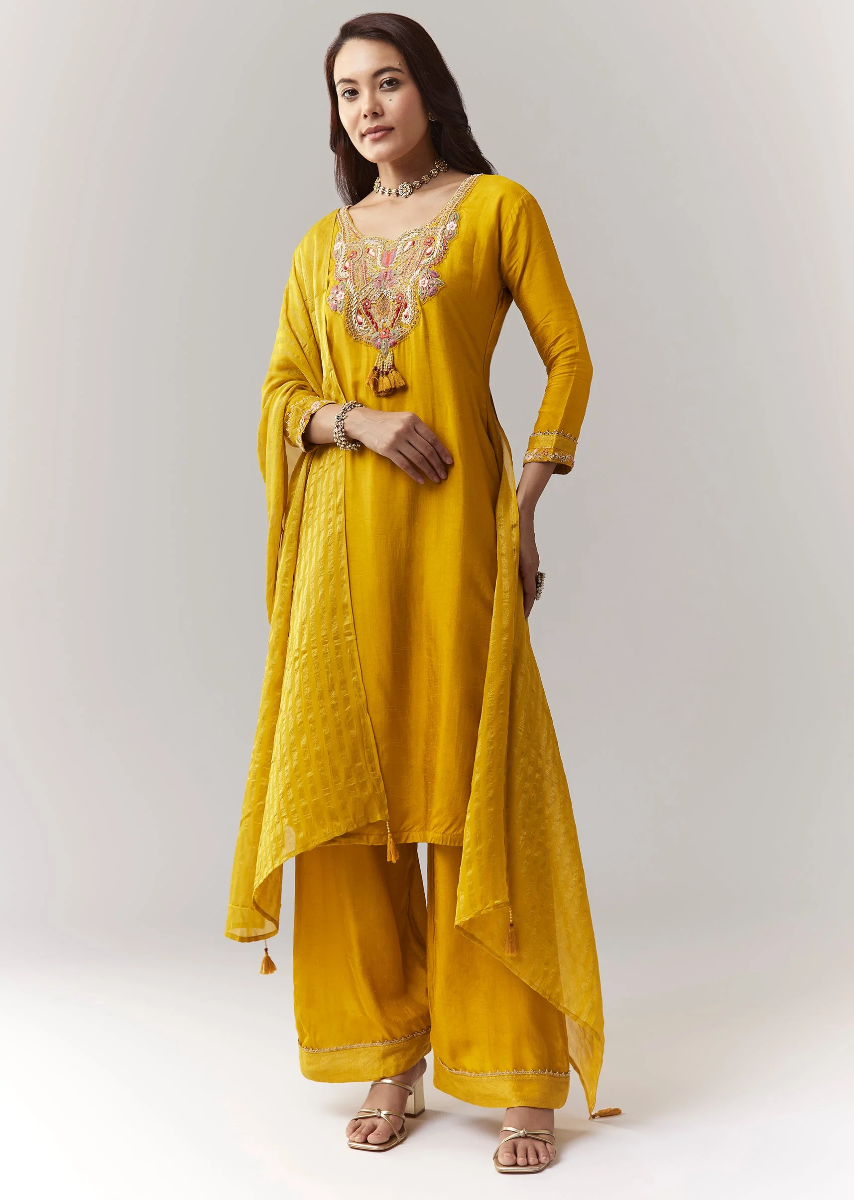 Yellow Zardosi Threadwork Kurta Palazzo Set With Dupatta