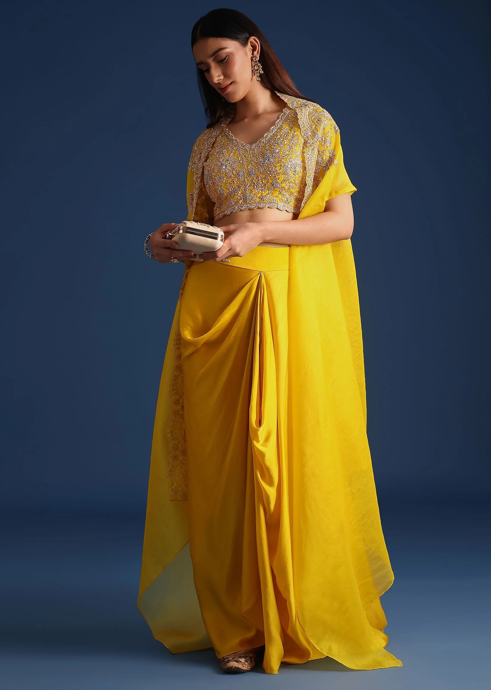 Yellow Zardozi Work Crop Top With Jacket And Skirt - Image 2
