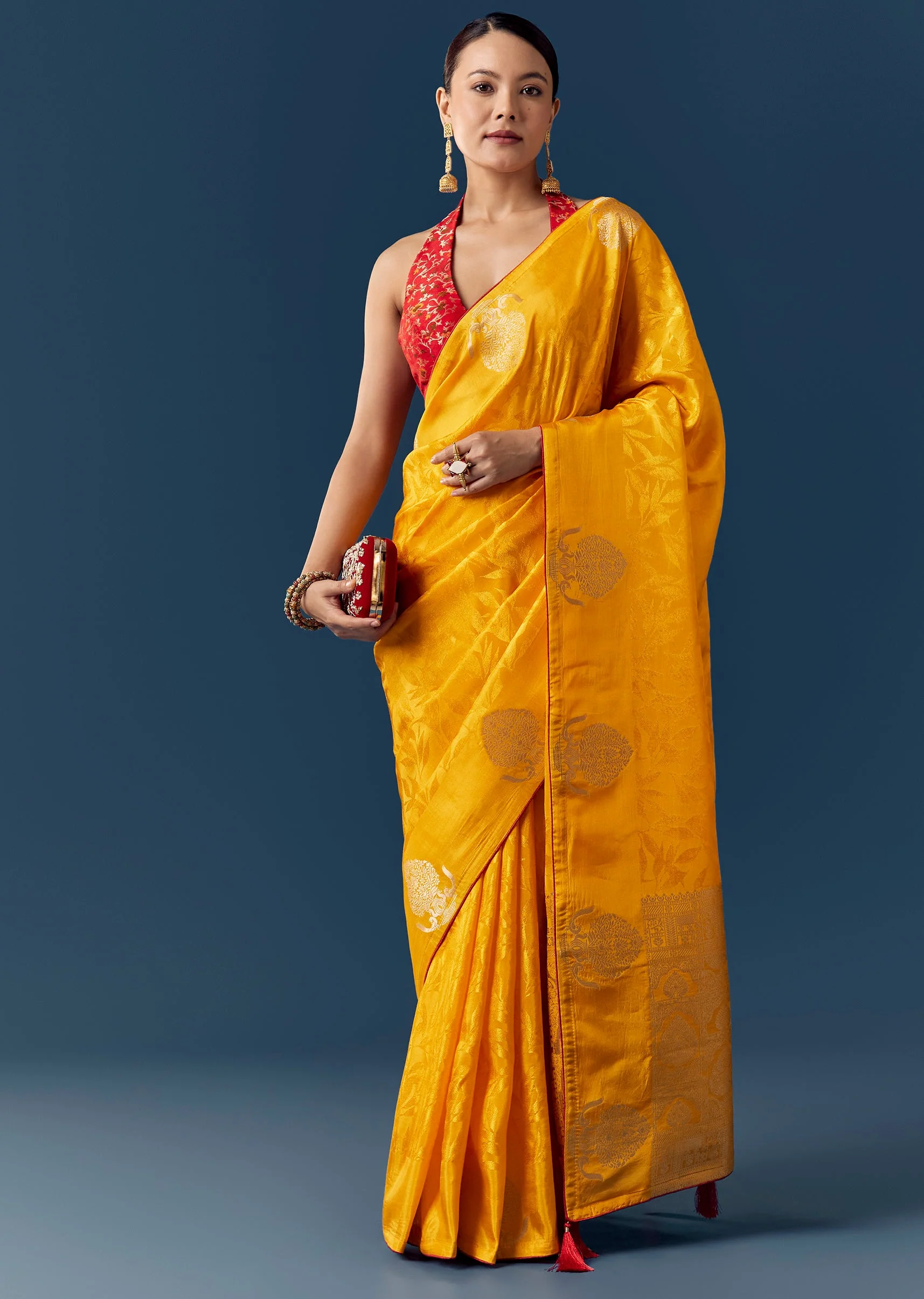 Yellow Zari Woven Jacquard Saree with Contrast Brocade Blouse