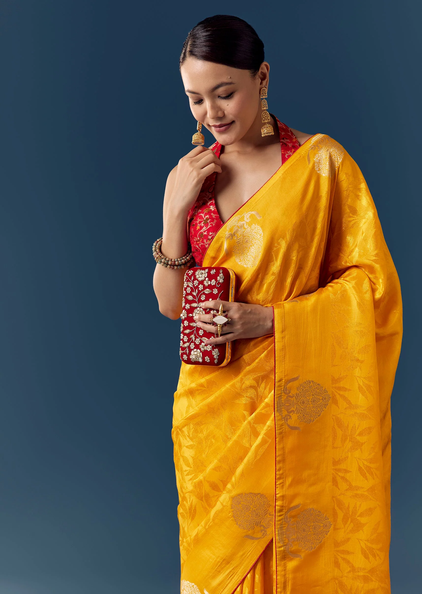 Yellow Zari Woven Jacquard Saree with Contrast Brocade Blouse - Image 5