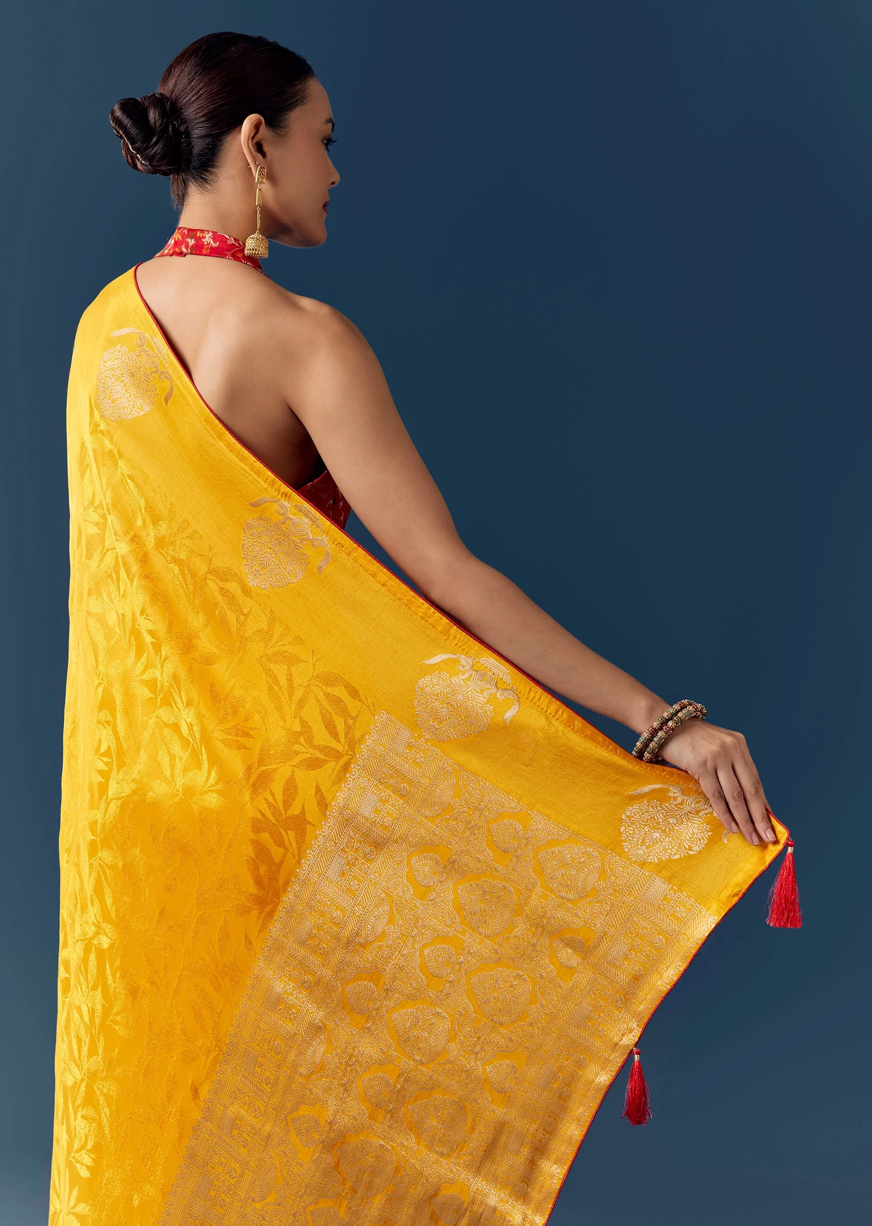 Yellow Zari Woven Jacquard Saree with Contrast Brocade Blouse - Image 6